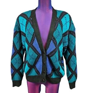 Vintage 80s Morningside Teal & Purple Argyle 1/2 Button Cardigan Size Medium B9